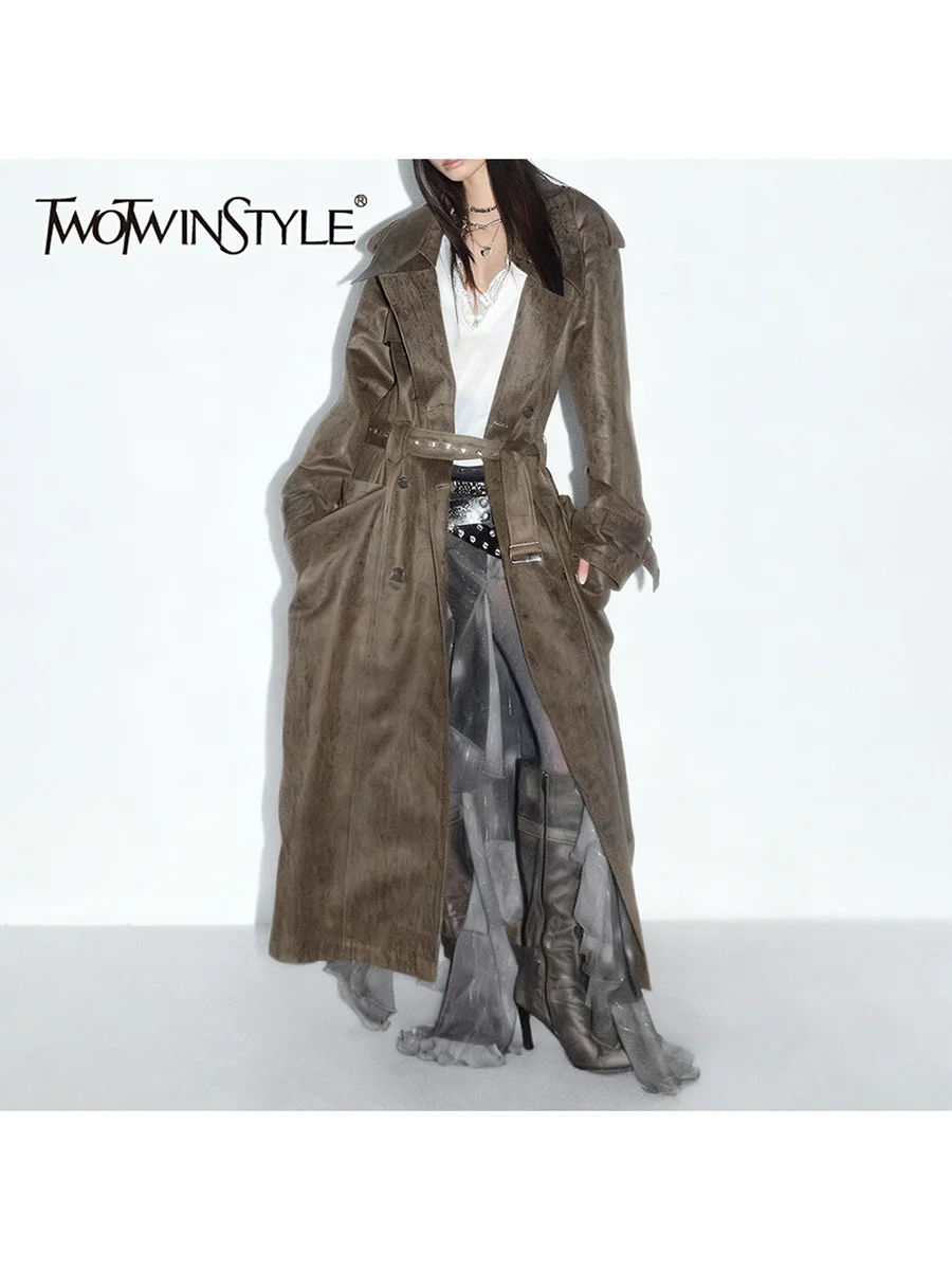 

TWOTWINSTYLE Solid Loose Spliced Pockets Vintage Trenchs for Women Lapel Long Sleeves Patchwork Belt Grunge Trench Female New