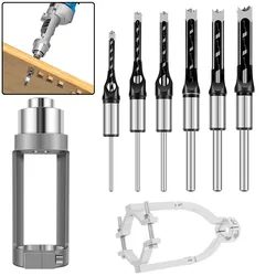 6/4PCS HSS Square Hole Drill Bits Auger Mortising Chisel Drill Set Square Hole Drill Fixed Bracket Adapter Woodworking Tools