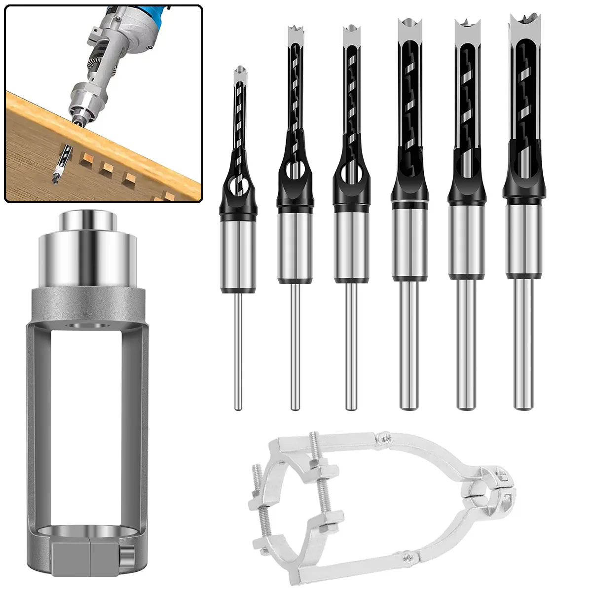 6/4PCS HSS Square Hole Drill Bits Auger Mortising Chisel Drill Set Square Hole Drill Fixed Bracket Adapter Woodworking Tools