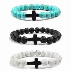 FTCY 8mm Bracciale croce turchese nero Semplice e alla moda Pietra occhio di tigre Pietra vulcanica Verde malachite Gioielli a mano all'ingrosso