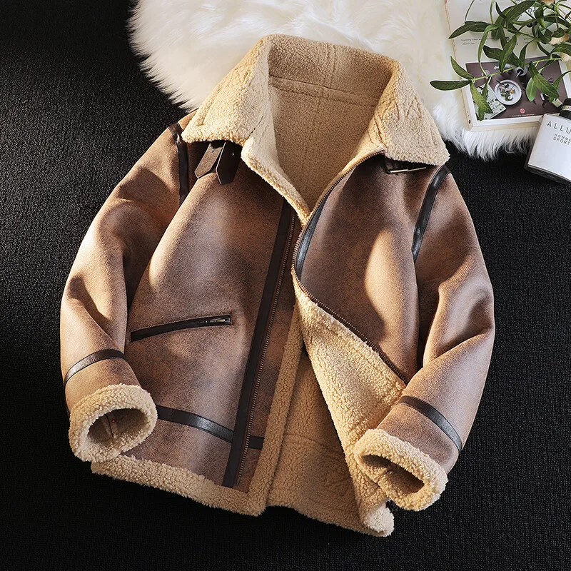 

Мужская модная утепленная куртка из замши и овчины, зимнее пальто в байкерском стиле, кожаная куртка с меховой подкладкой, городская повседневная куртка с длинными рукавами