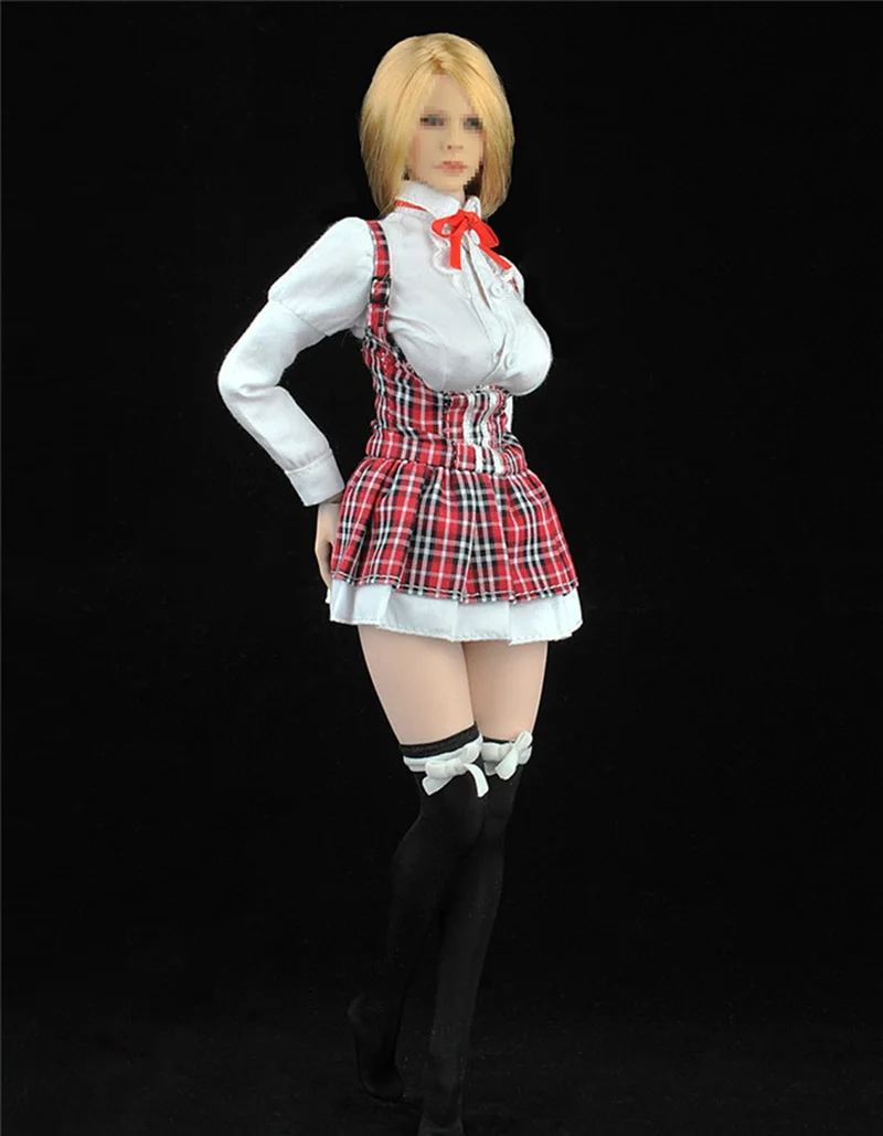 ZY5021 1/6 Scale Women's Long Sleeve Busty T shirt Plaid Skirt Stockings Panties Clothes Set for 12'' Female Action Figure