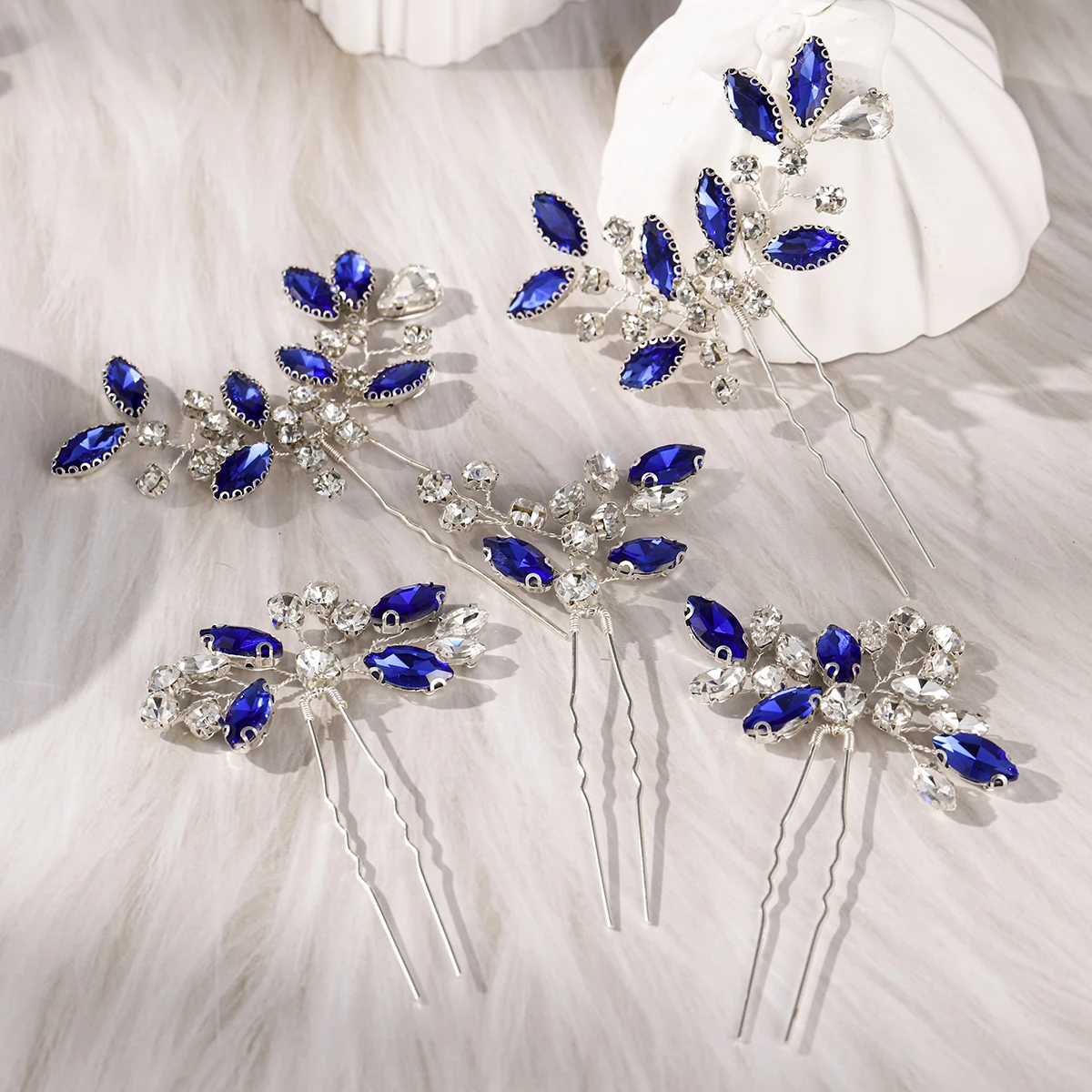 Forcine per capelli eleganti da sposa in cristallo blu, foglie di moda, strass, fermagli per capelli, copricapo per le donne, gioielli per feste, accessori per capelli