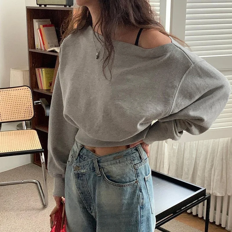 2024 New Short Strapless Long Sleeve Sweatshirt Female Pullovers Sweet Cool Spicy Girl Loose Tops Women\'s Clothing Hoodies Y2k