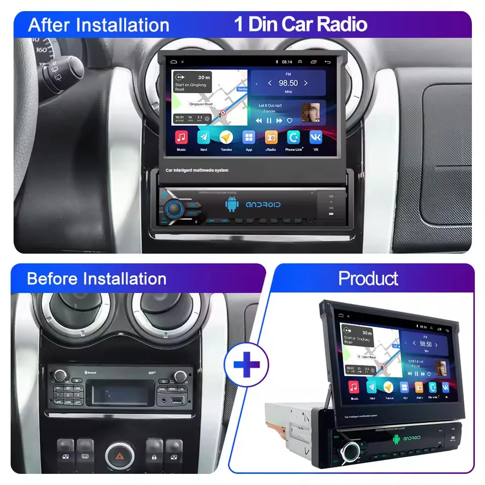 LEHX Universal 1 Din Android 15 راديو السيارة 7 "QLED شاشة قابلة للسحب مشغل وسائط متعددة ستيريو GPS 4G Carplay 1din Autoradio
