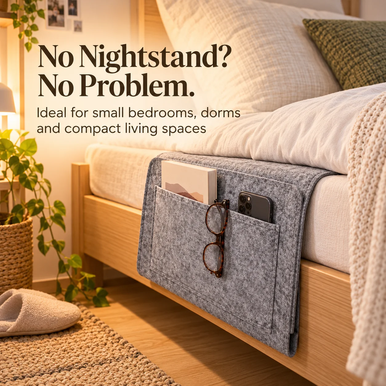 Bedside Reading Organizer Hanging Bed Caddy Felt Storage Pocket for Books E-Reader Glasses Phone Small Bedroom Dorm Space Saver