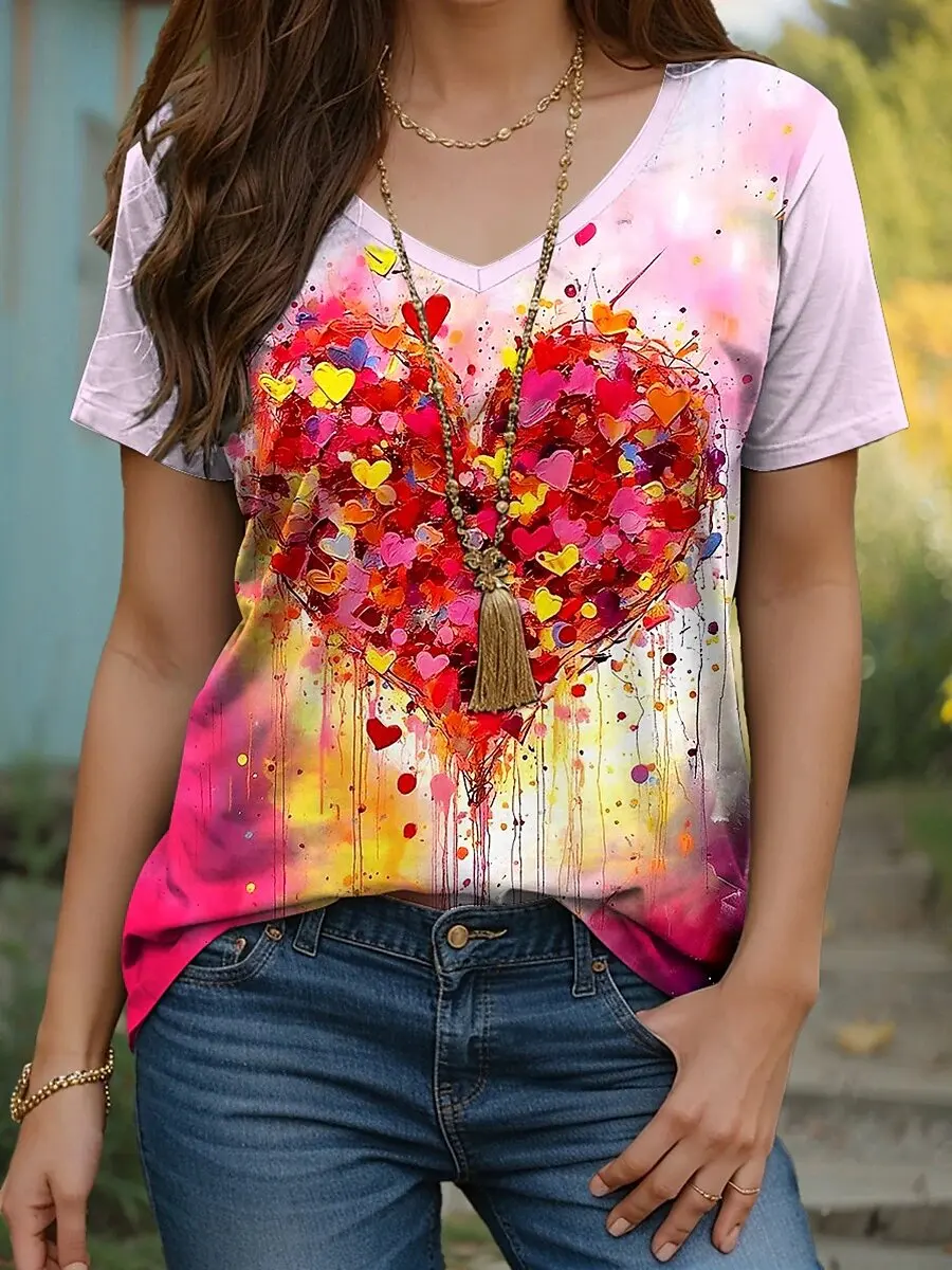 

Summer Women's T-Shirt Heart-Shaped Pattern Printing Fashion Casual Short-Sleeved V-Neck Women's Clothing