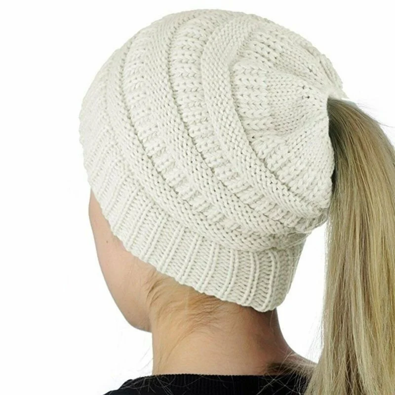 Chapéu de malha de crochê elástico feminino, Holey Caps quente, pão bagunçado, gorro rabo de cavalo, inverno