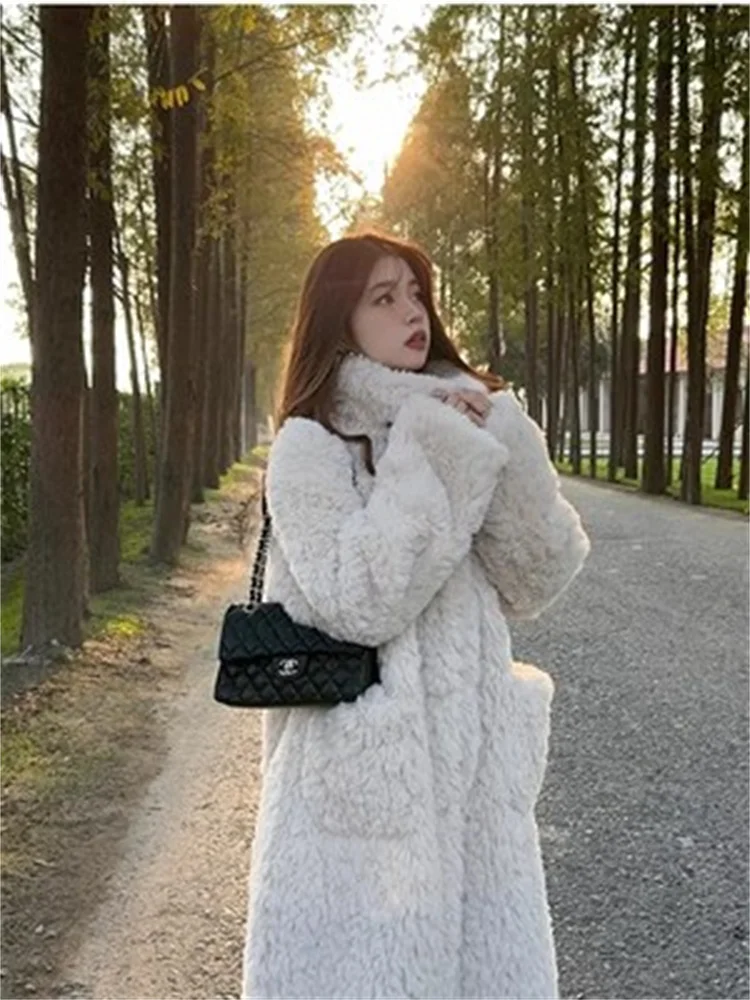 Temperament Add Plus Velvet  Padded Warm Lamb Fur Coat Ladies Stand Collar Loose Long Over The Knee Outerwear Women