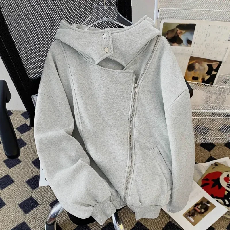 Sweatshirt für Damen, Frühling und Herbst, Strickjacke mit Kapuze, Jacke, neues High Street, amerikanisches Design, unregelmäßiger Doppelreißverschluss
