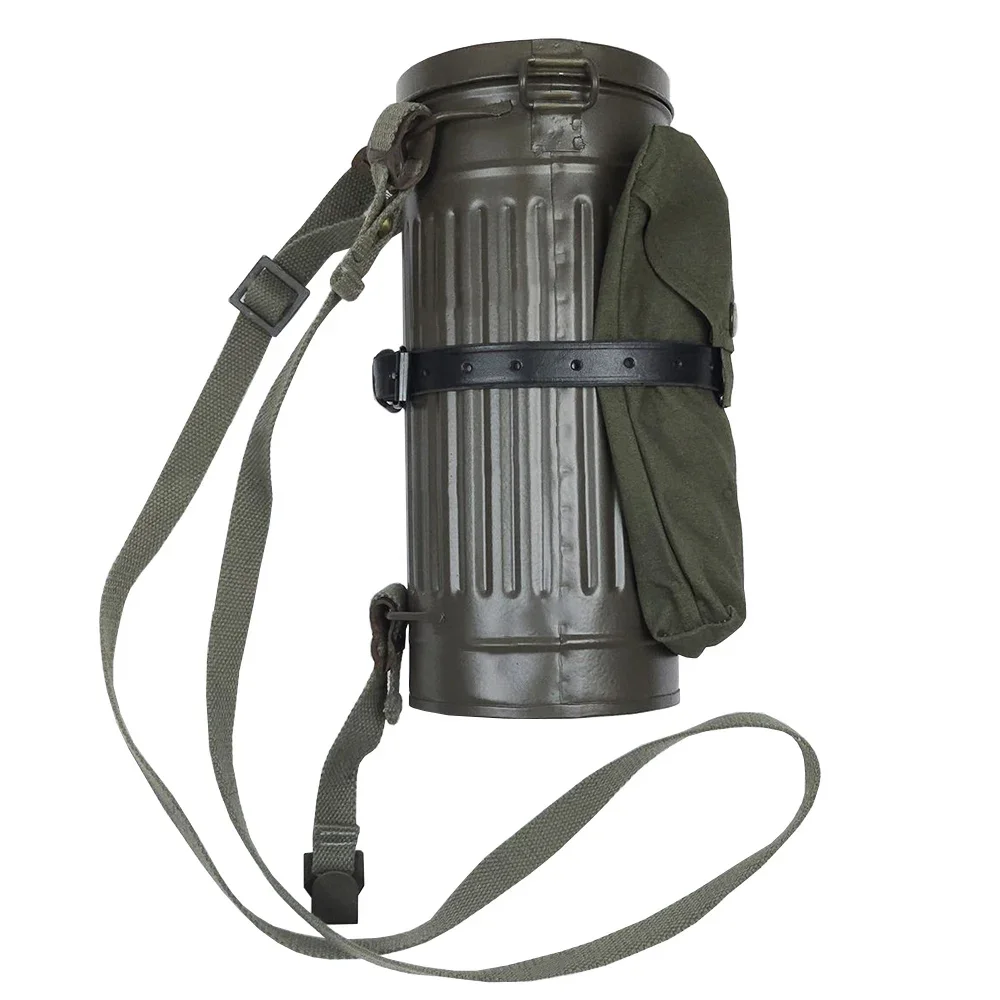 WWII German M38 Gas Mask Canister with Canvas Pouch Leather Tie Strap Full Set with Backpack Strap