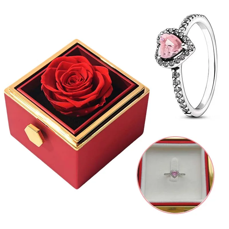 Rotating Eternal Forever Rose Box with Promise Ring Jewelry Box Valentine Wedding Birthday Gift Box for Women