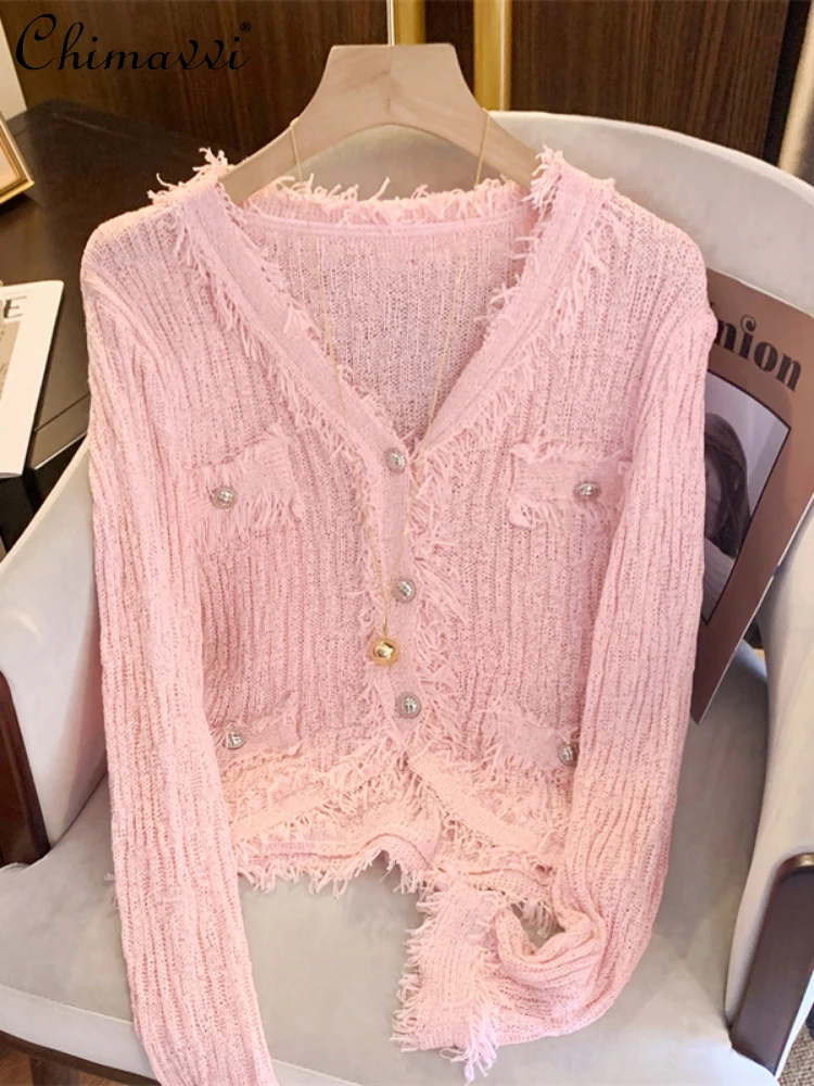 French Style Pink Cardigan Crop Top Women 2024 Spring Casual Commute V-neck Long Sleeve Single-Breasted Sweet Knitted Shirts