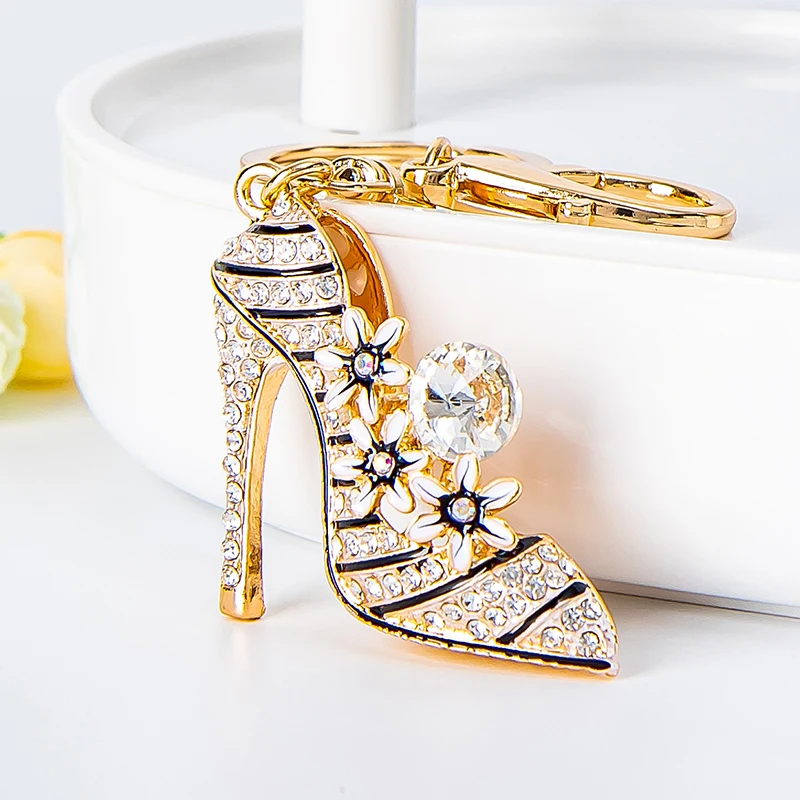 Elegant Flower High Heels Key Chain Women's Bag Pendant Alloy Rhinestone Car Key Ring Fashion Backpack Ornament