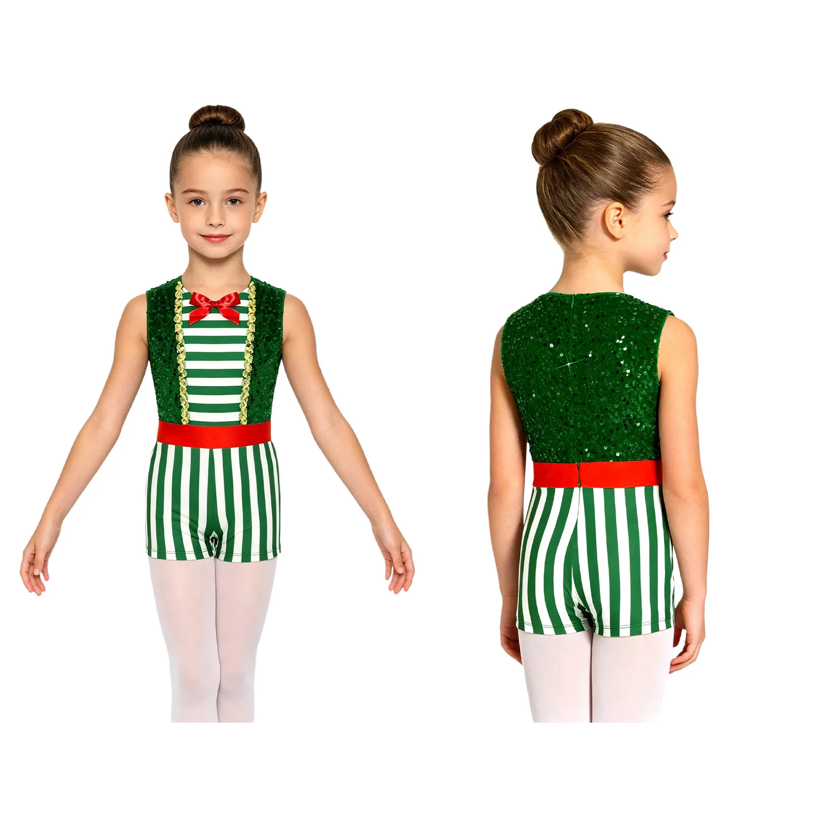 Kinder Mädchen Weihnachten Ballett Tanz Gymnastik Eiskunstlauf Trikot Weihnachten Zuckers tange Bodysuit ärmellose Streifen Pailletten Overall – Detail 12