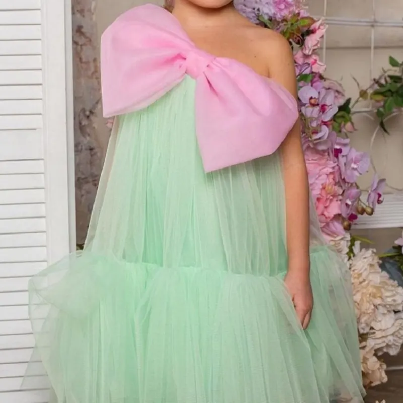 Fashion Baby Girl Princess Big Bow Tutu Dress Off Shoulder Toddler Teen Child Tulle Vestido Bow Party Pageant Birthday 2-12Y