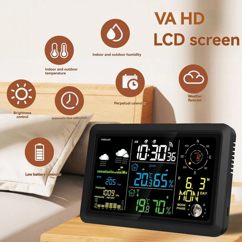 M11K7.5In VA LCD Screen Weather Station With Outdoor Sensor Indoor Outdoor Thermometer Wind Speed And Direction Moon Phase