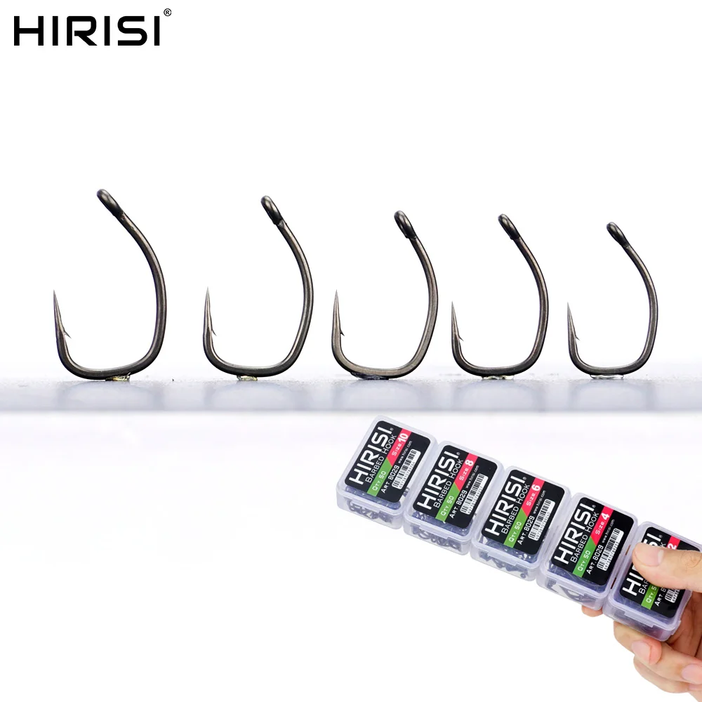 Hirisi 50 Stück PTFE-beschichtete Karpfen-Angelhaken mit Öse, Mikro-Stachel, Kohlenstoffstahl 8029, Angelzubehör, spleißbare Box