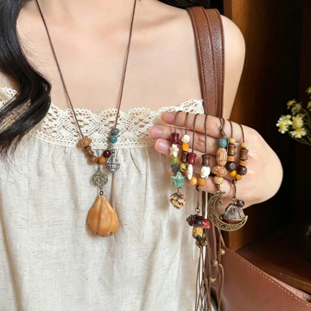 Handmade Ceramic Beads Mushroom Pinecone Wood Slice Necklace Vintage Cord Chain Dried Fruit Pendant Long Necklace Boho Party