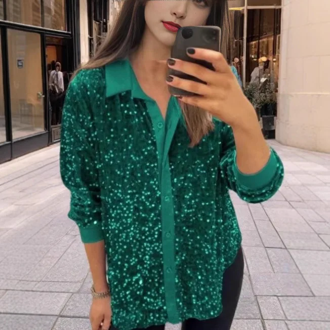 2022 Winter Neue Mode Stehkragen Taste Pailletten Hemd frauen Top