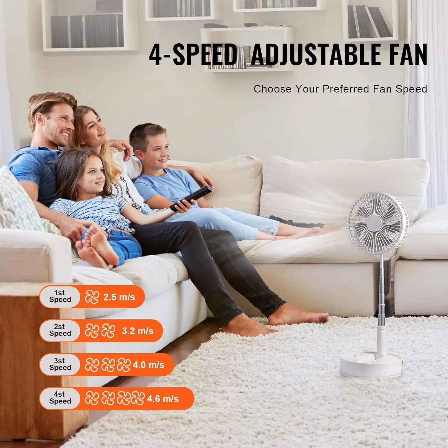 8 Inch Foldable Oscillating Standing Fan with Remote Control, 4 Speed Adjustable Desk Fan, 7200mah Rechargeable USB Small Fan