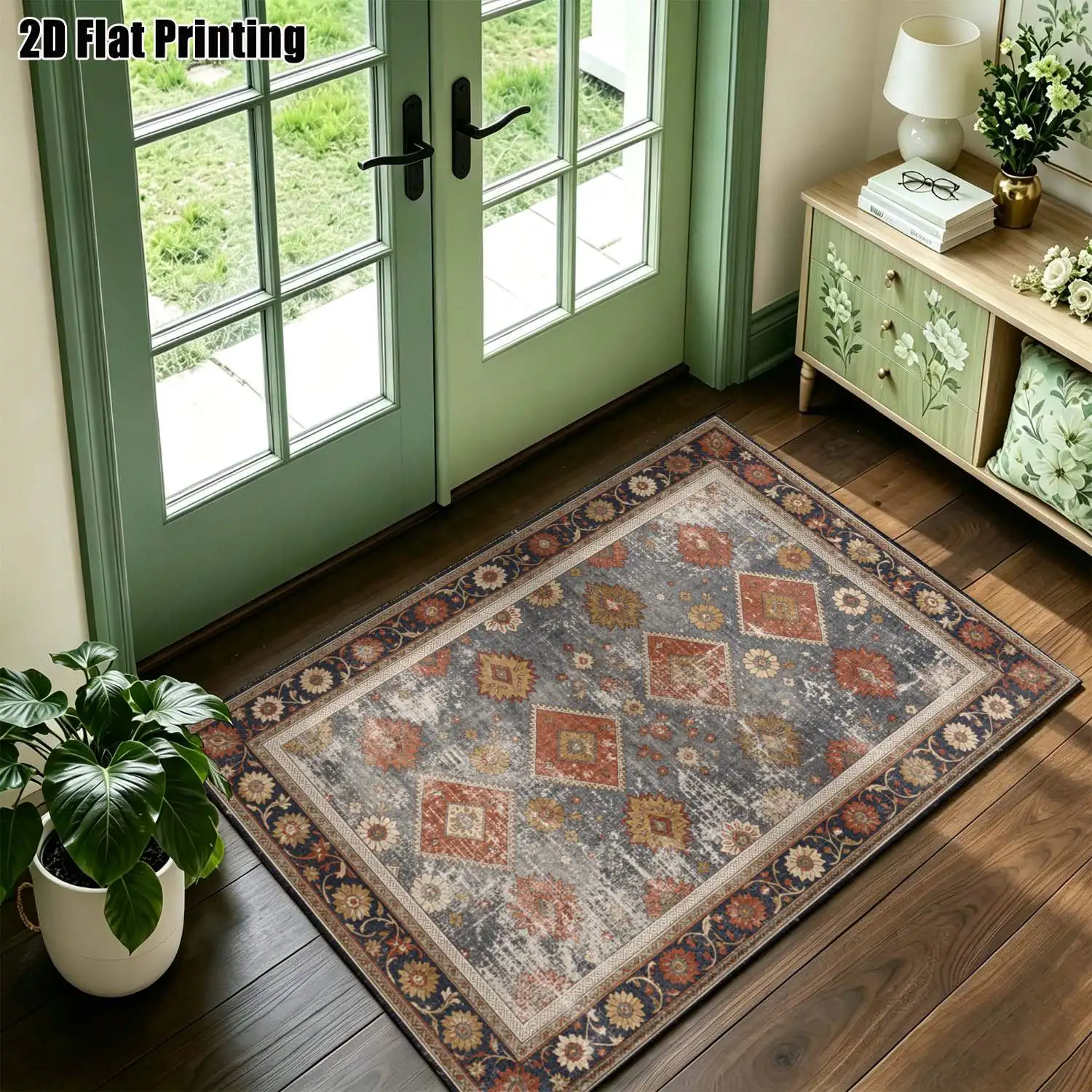 1Pc 2D Printed Retro Blue-Grey Mandala Nordic Carpet, Fits Minimalist & Bohemian Decor, Multiple Sizes, Machine Washable, for Entryway, Dining Room, Bedroom, Living Room Etc