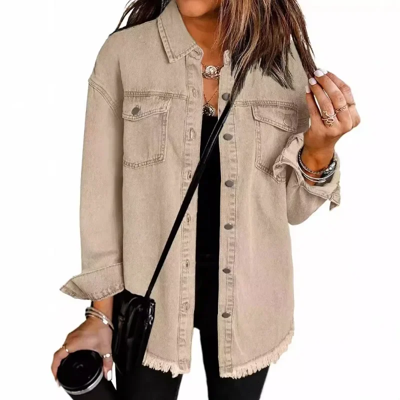 

Women's Fall Denim Shirt Lapel Long Sleeve Pocket Street Brushed Hem Casual Shirt Jacket