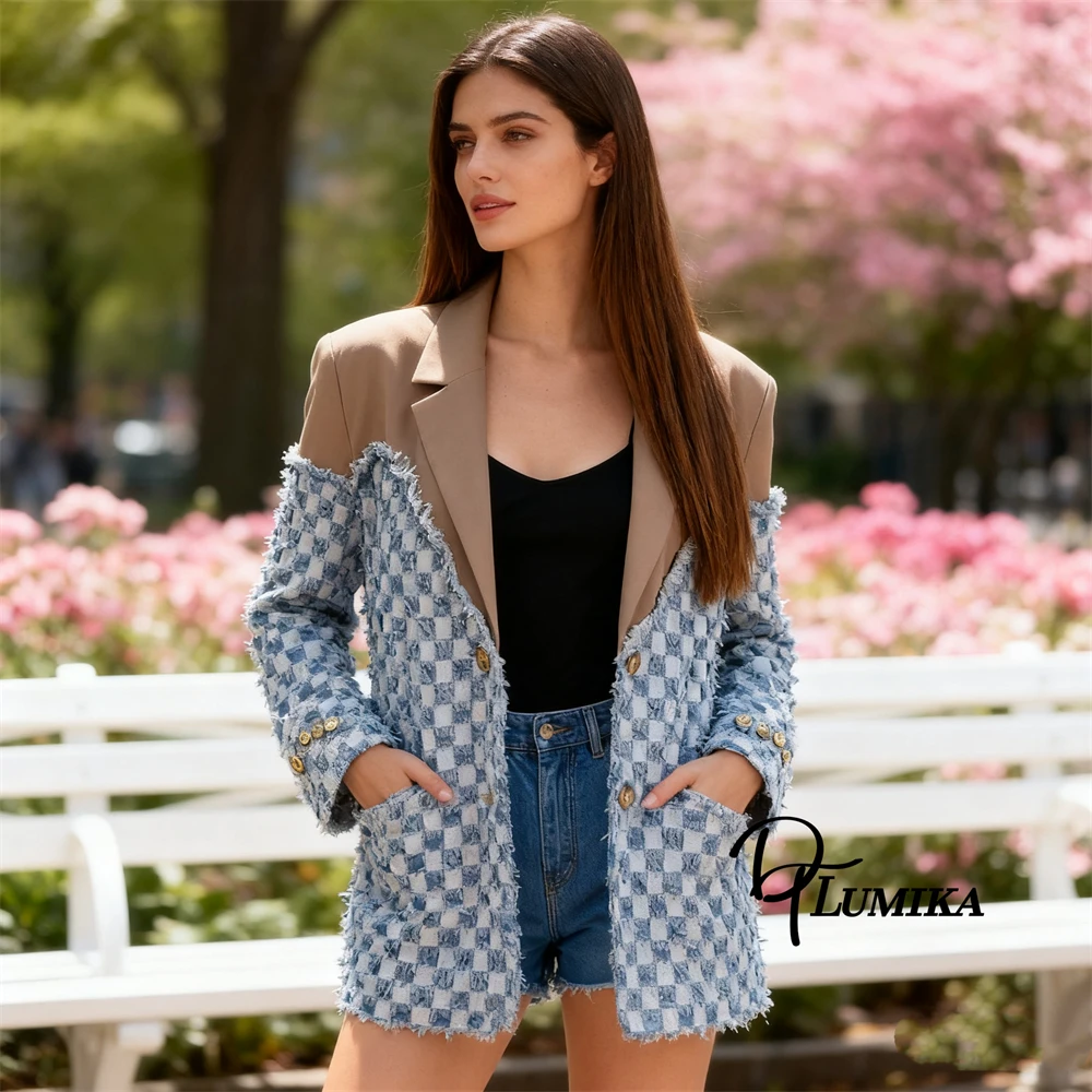 

DTLumika клетчатый пиджак для женщин, лоскутное пальто, весенние и осенние куртки, модельерские потертые джинсовые костюмы
