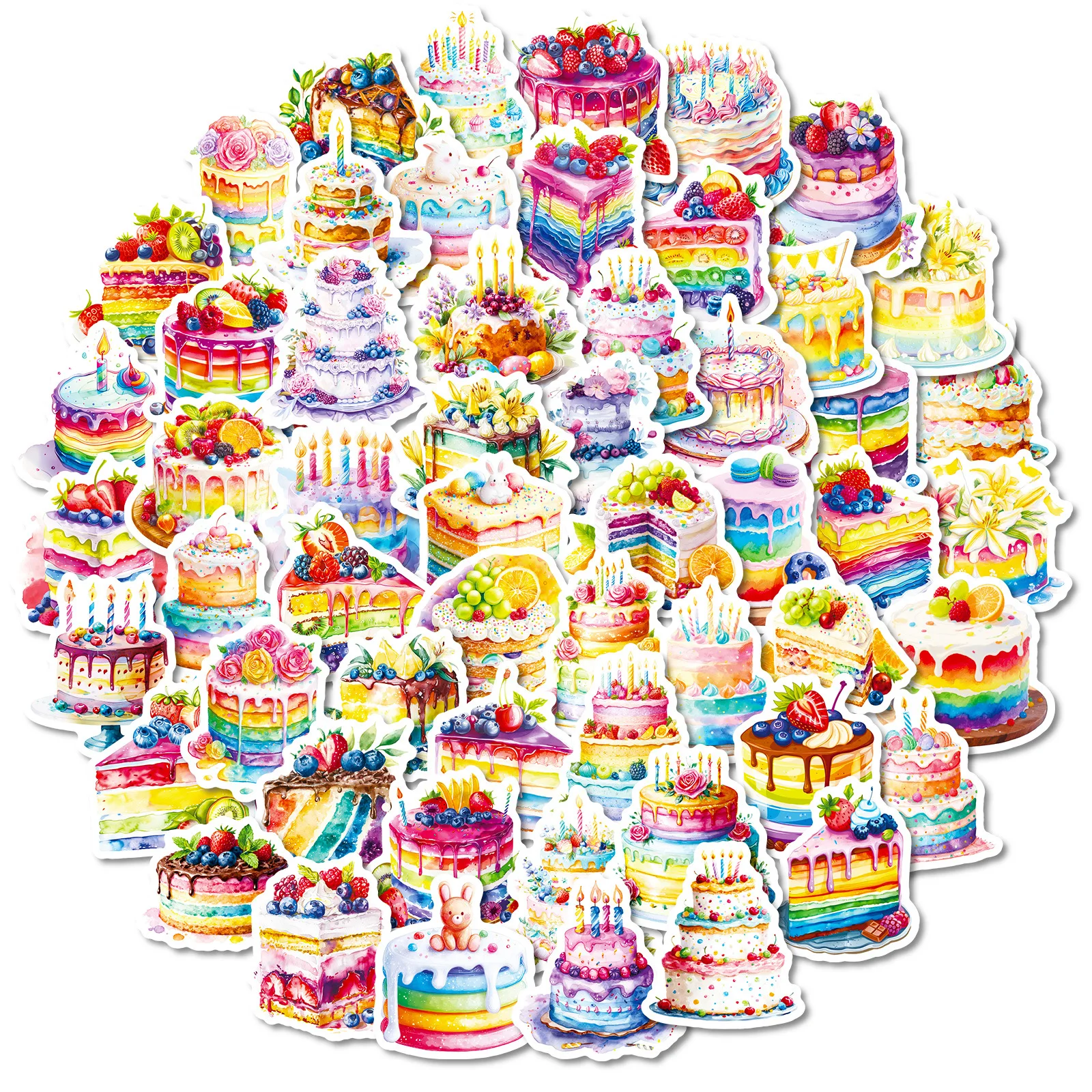 

56PCS Colorful Birthday Cake Graffiti Stickers Cartoon Graffiti Decals Toys for Party Decoration Stationery Box Scrapbook Laptop