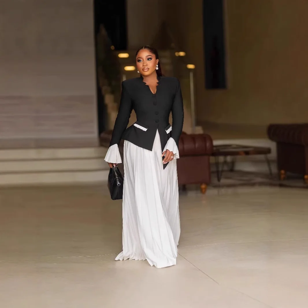 

2024 Spring Summer plus Size Bla Women's Faion Set with Pleated Skirt And Bell Sve Tops Commute Sle Casual Sportswear