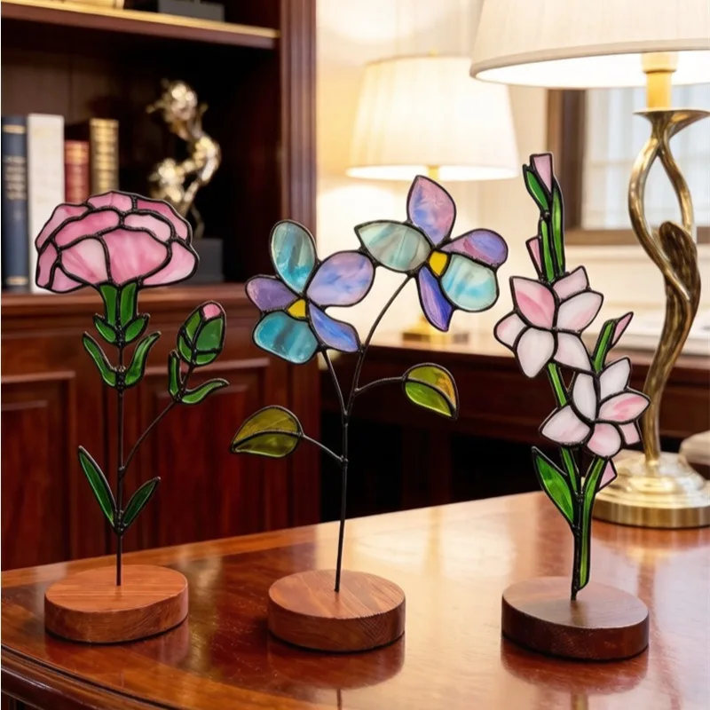 Glass Flower Table Ornament Colorful Birth Flower Desktop Decor Birthday Mothers Day Gift Home Decoration Floral Arrangement