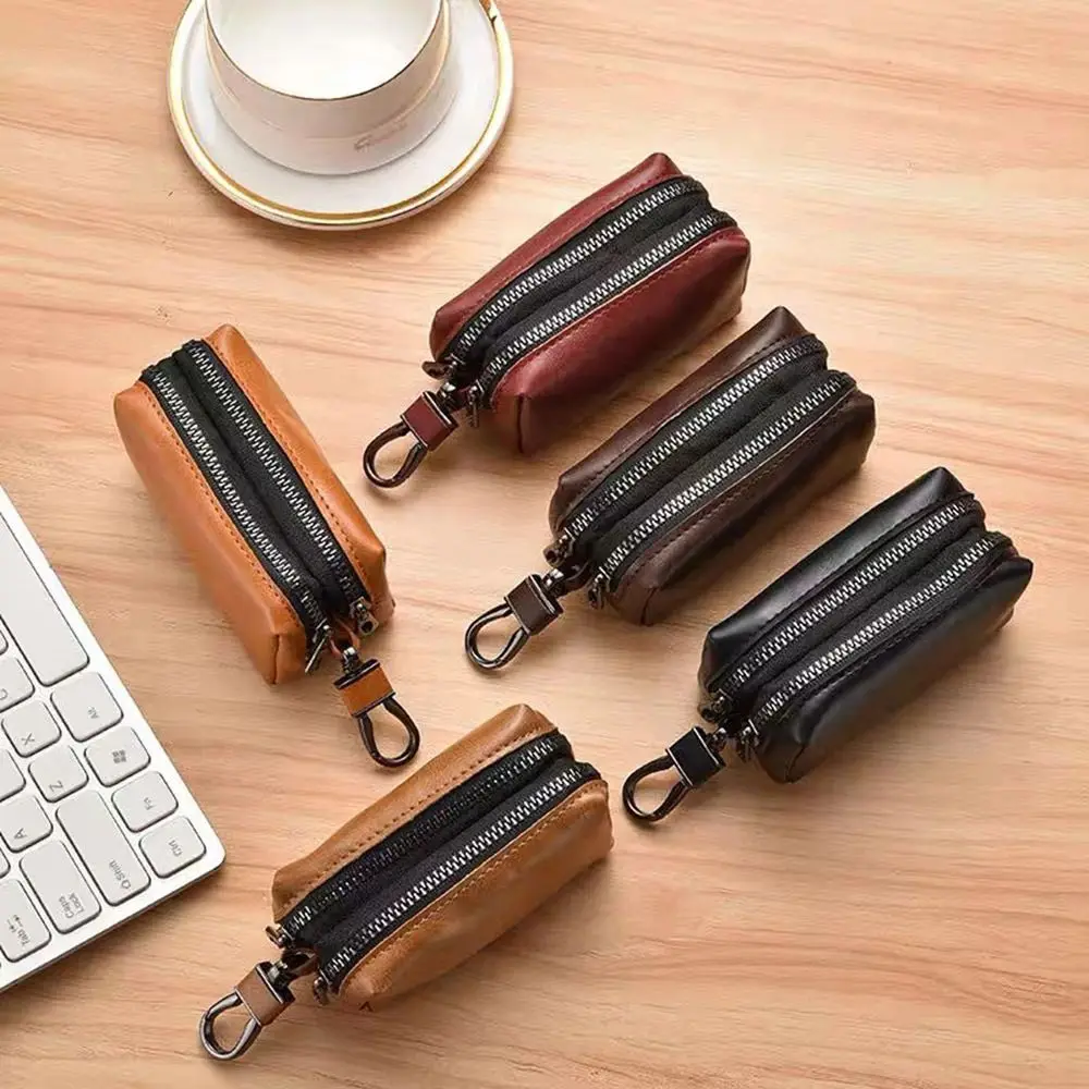 Portable Leather Key Pouch Bag Multifunctional Double Zipper Coin Purse Large-Capacity Car Key Bag Men Women