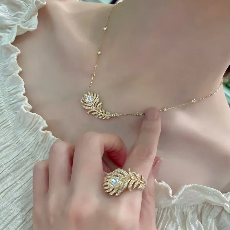 Women's 925 Silver Gold-Plated Diamond Feather Ring Necklace