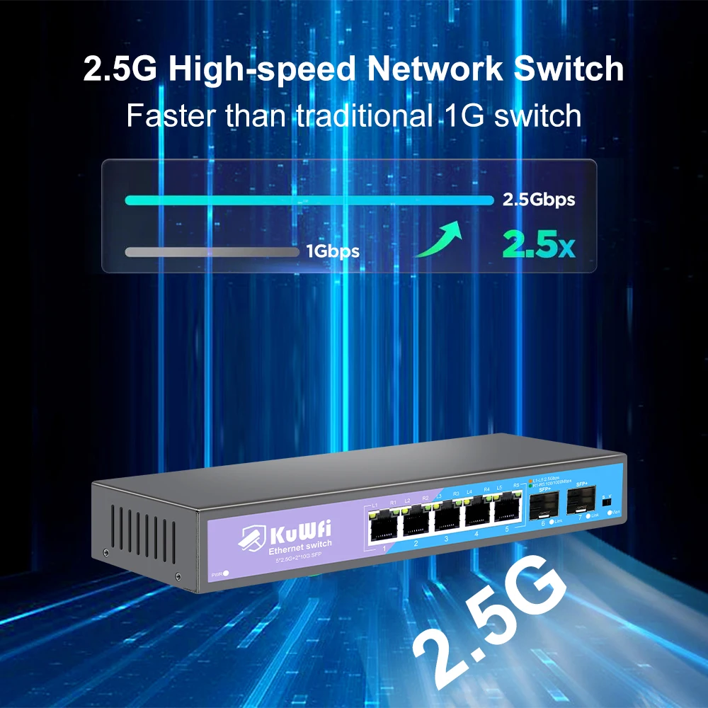 KuWFi 2.5G Network Switch 5 8 Port Gigabit Ethernet Switch 10G SFP 6KV Lightning Protection VLAN Mode for IP Camera CCTV NVR