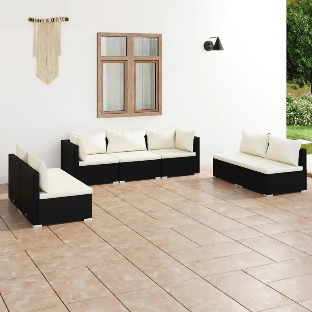 7-Piece Black Poly Rattan Patio Lounge Set with Cushions - Stylish Outdoor Furniture