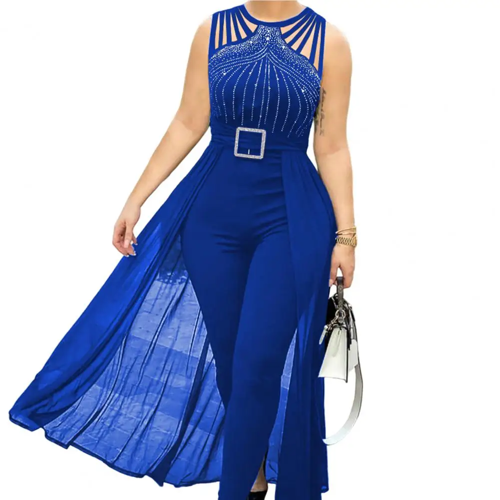 

2023 Sumer Women's Sexy Round Neck Rhinestone Sheer Mesh Sleeveless Jumpsuit with Belt New Fashion Rompers Womens Jumpsuit