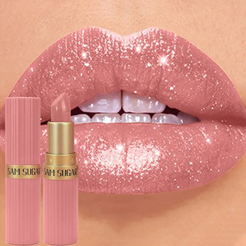 Batom metálico luxuoso rosa nude com glitter, de longa duração, à prova d'água, não desbota, brilhante, pérola brilhante, marrom, maquiagem