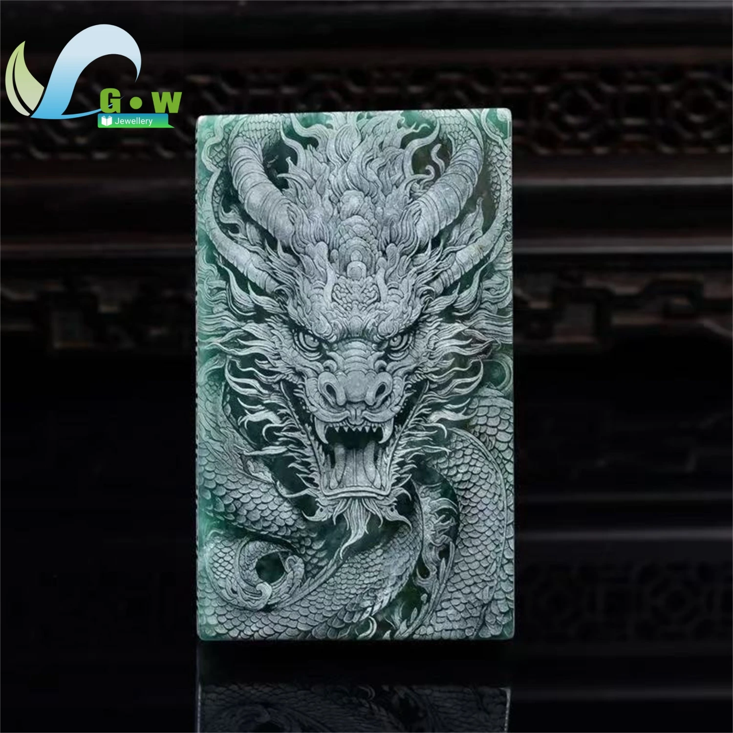 Natural Grade A Jadeite Blue Water Double Side Shadow Carved Great Wall Dragon High Ice Plaque Pendant Unisex Men Women