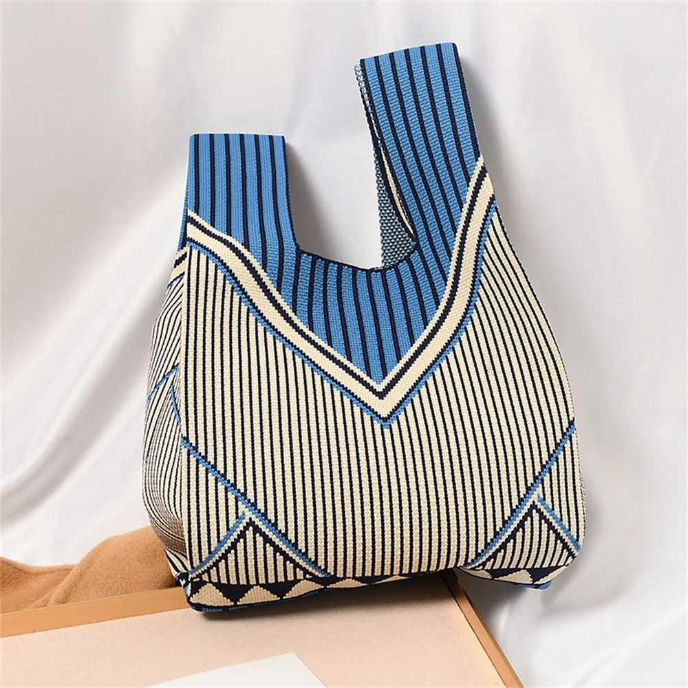 Geometric Patterns Knitted Handbag Fashion Korean Women Mini Knot Wrist Bag Casual Ladies Tote Bag Student Reusable Shopping Bag