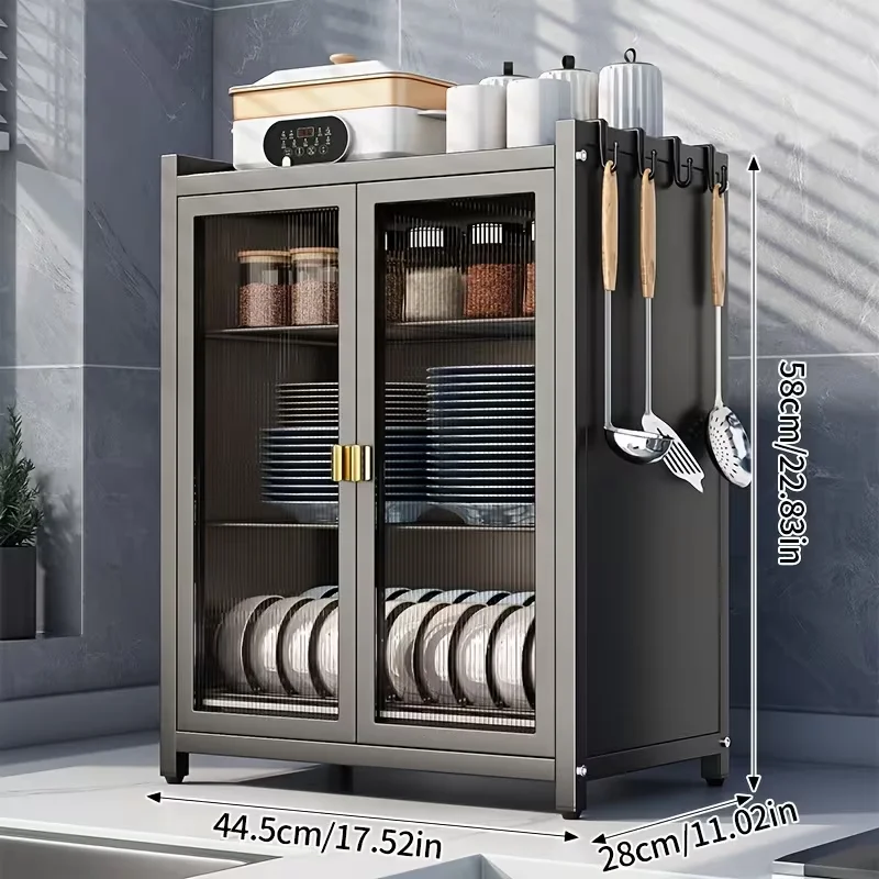 Étagère à vaisselle autoportante 3 ou 2 niveaux pour cuisine, grande capacité, en acier, avec rangement pour bouteilles d'épices et portes à tiroirs transparentes rabattables