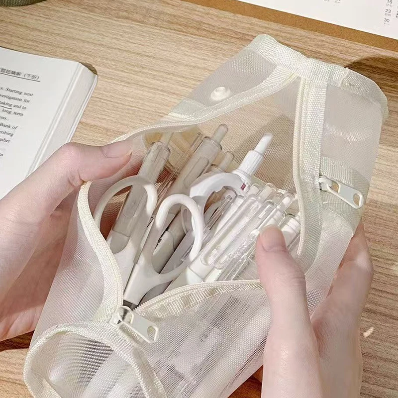 1Pcs Mesh Pencil Case Clear Stationery Bag Portable Pen Bag For School Student Office Stationery Organizer Standing Pen Holde