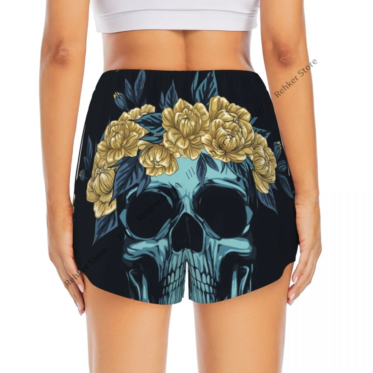 شورت اليوغا للنساء شورت اللياقة البدنية السائق تجريب الجري السراويل الرياضية الجمجمة الورود إكليل التجفيف السريع ملابس رياضية مع جيب
