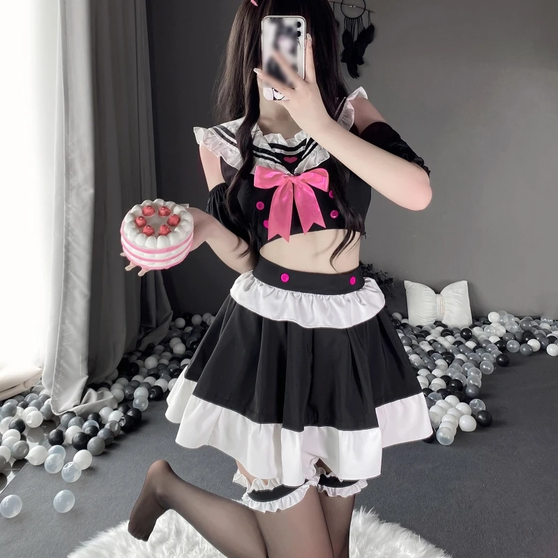 فستان خادمة لطيف لوليتا أزياء تنكرية ملابس داخلية مثيرة مغرية بفيونكة وعقدة مع تنورة صغيرة زي نسائي مثير #2