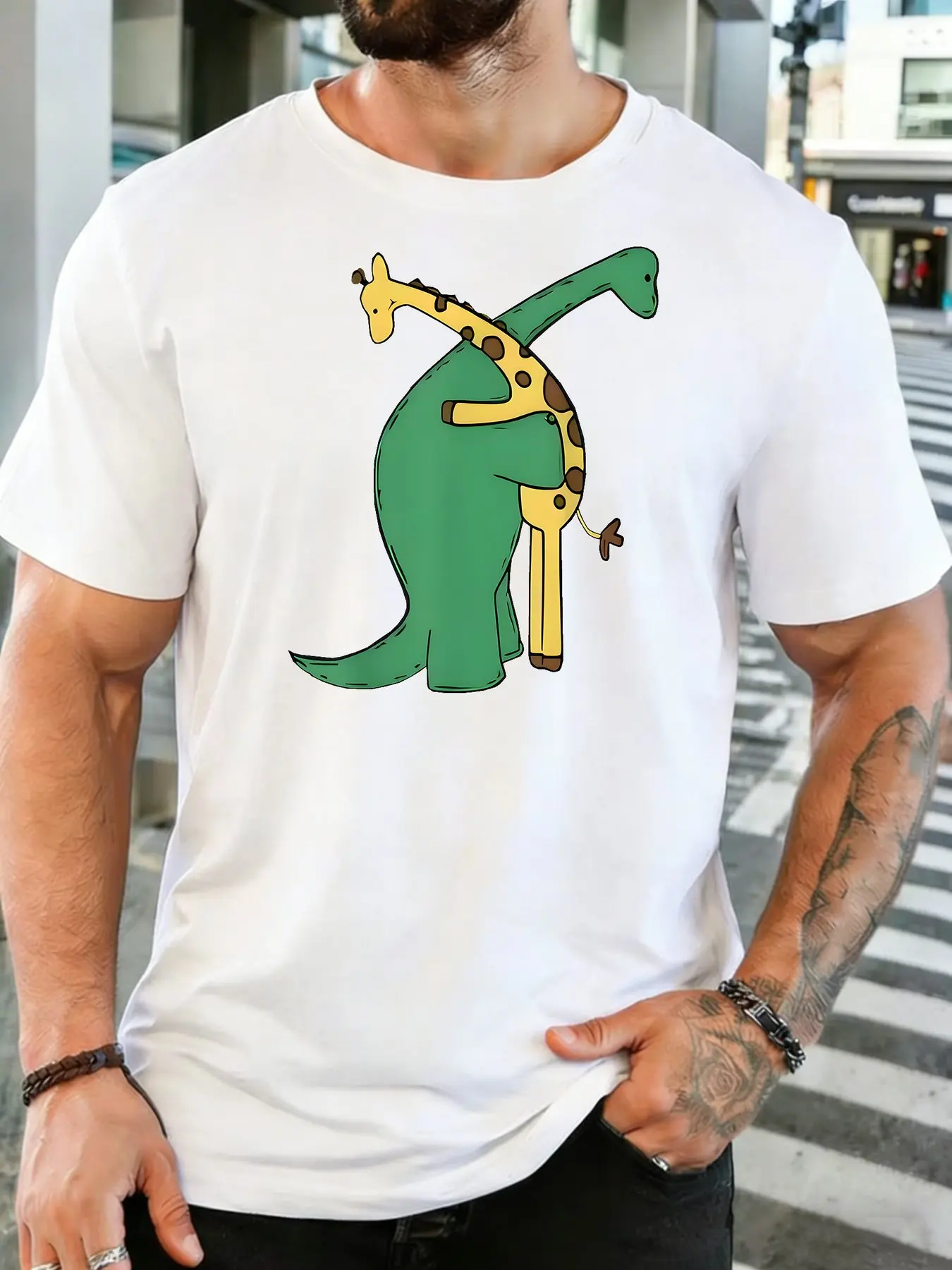 Male Black Round Neck T Shirt Lovely Dinosaur Embrace Giraffe Print Sweet Hug Wild Animal Cartoon Funny Daily Cotton Tee