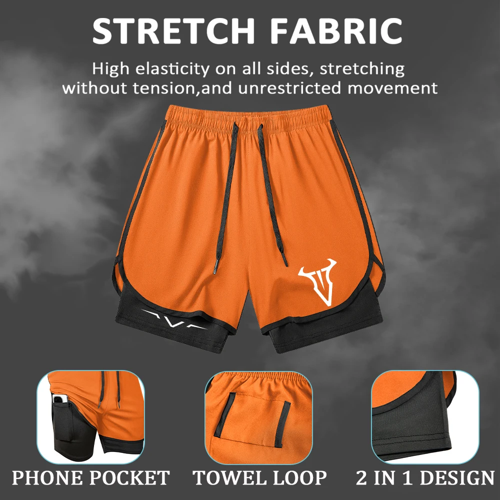 

Мужские летние спортивные шорты 2 в 1 с принтом, быстросохнущие, дышащие, с завязками, петлей для полотенца и внутренним карманом для телефона