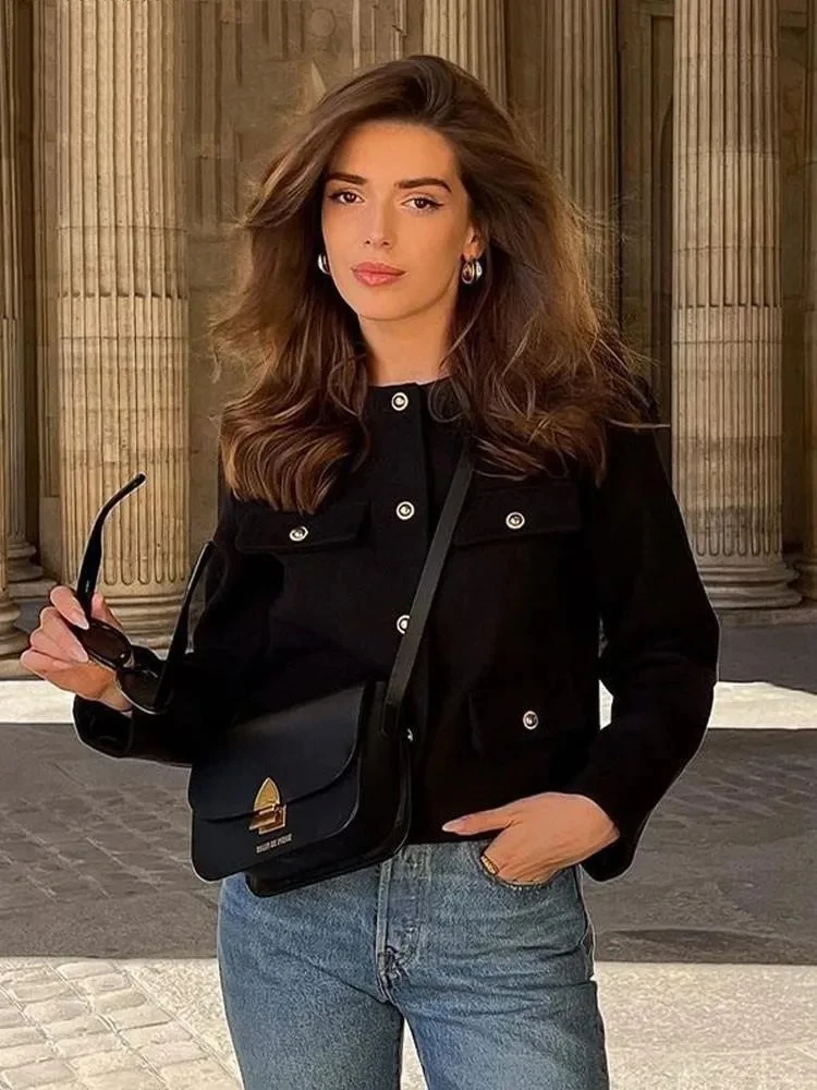 ZABA Women Fashion Single Breasted O Collar Long Sleeve Loose Tweed Short Jacket Casual Elegant Button Pocket Plaid Blazer