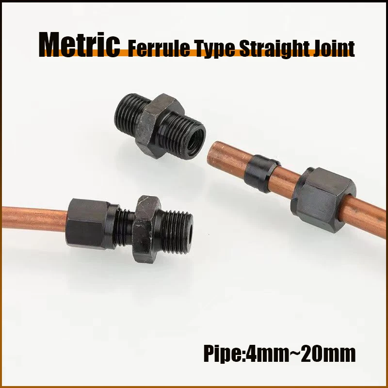 Virola hidráulica de aço carbono, Alta pressão reta óleo Pipe Joint, rosca métrica, M10 a M52 Conexão Fittings, 6 a 42mm Calibre