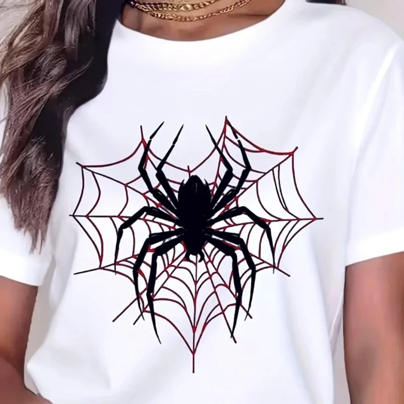 Gothic Spider Printed Round Neck Short Sleeve Women's Casual Fit Versatile Basic T-Shirt Heart Spider Web Pattern Top for Daily