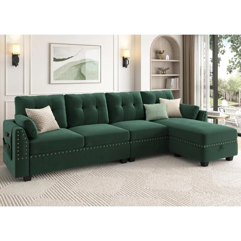 

Velvet Convertible Sectional Sofa L Shaped Couch with Storage Ottoman Reversible for Small Space,Green