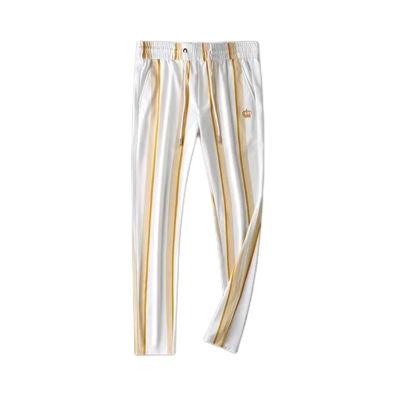 Light Luxurious European Striped Men's Casual Pants Summer Ice Feel New Trend Slim Fit Thin Fashion Embroidered Trousers for Man